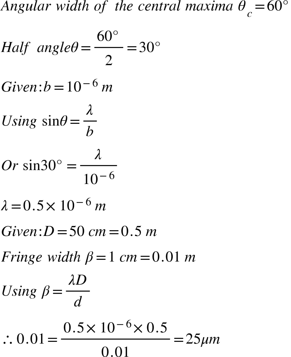 The angular width of the central maximum in a single slit diffraction pattern